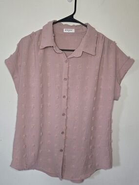 Dusty Pink Button-Up Blouse Wool Ball Detail Size Medium Textured Sheer